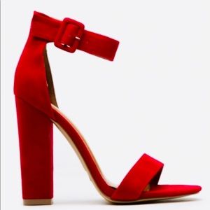 RED SUEDE CHUNKY ANKLE STRAP HEELS